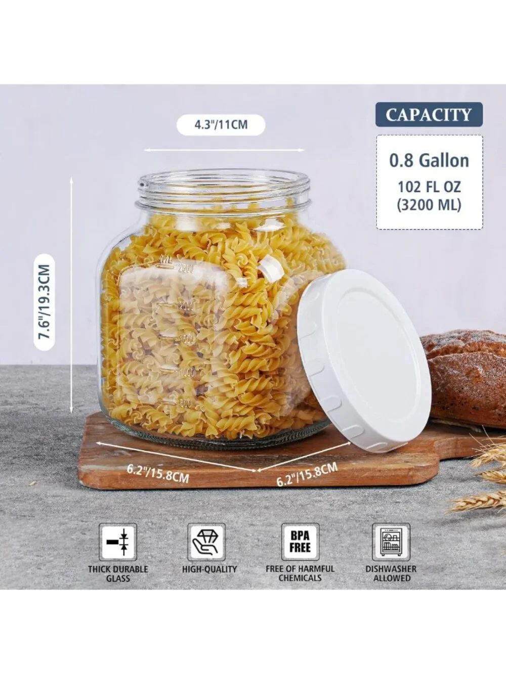 Airtight Wide Mouth Glass Mason Jars - 0.8 Gal Storage Containers, Set of 2